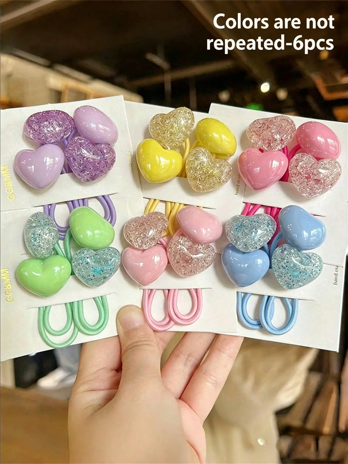6 Pcs Women's Sweet Candy Color Heart Shaped Glitter Hair Ties, Cute Hair Ties, Hair Scrunchies, High Elasticity, Gentle on Hair, Daily Use, School, Holidays