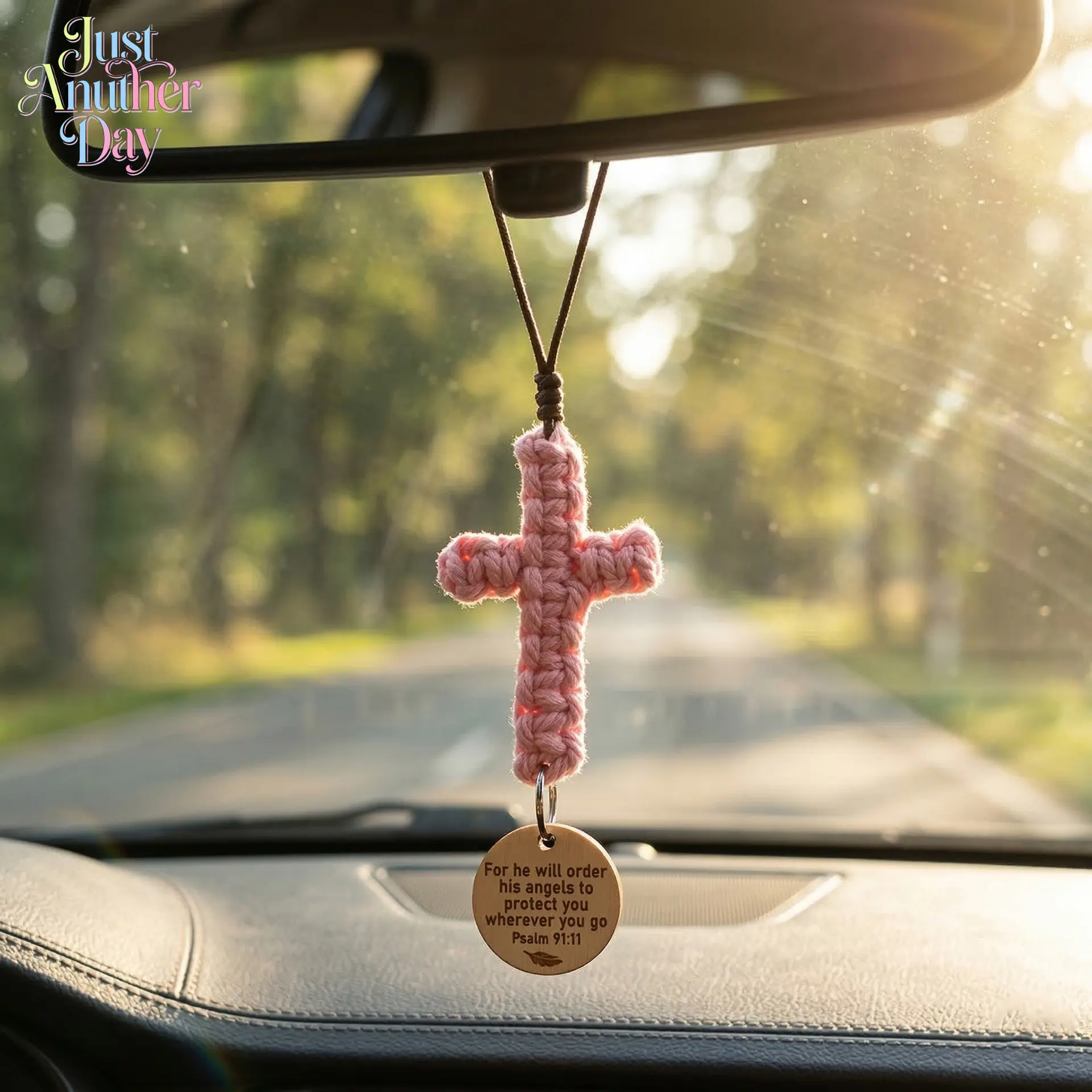 Handmade Crochet Cross Car Hanger, Pink Knitted Cross Pendant with Engraved Wood Tag, Christian Religious Rearview Mirror Charm for Faith & Protection