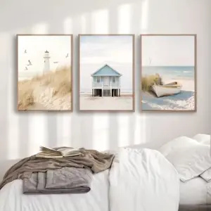3pcs Frameless Canvas Posters, Summer Beach Print, Art Illustrations, Lighthouse, Cabin, Boat Wall Art, Home Bedroom Living Room Decor
