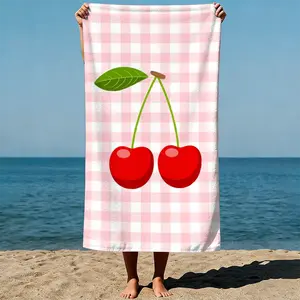 Two cherries with a green leaf, set against a pink checkered background, cartoon vector art style. Sand-Free Beach Towel | Ultra-Light Microfiber | Quick-Dry, Compact for Travel