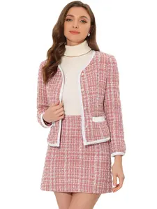 INSPIRE CHIC Business Suit Set 2 Piece Outfits Plaid Tweed Short Blazer Jacket and Skirt