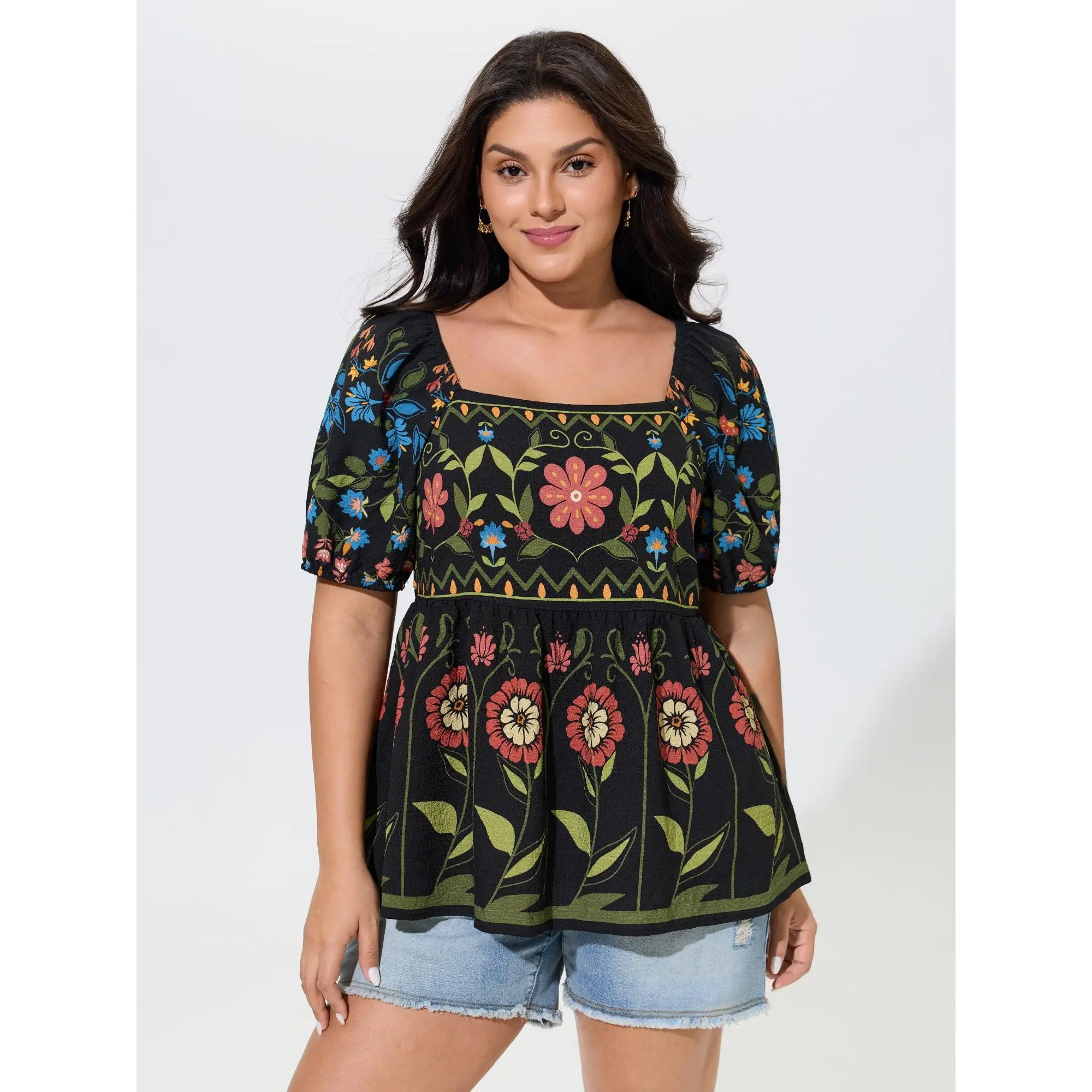 BloomChic Women's Plus Size Bohemian Floral Peplum Blouse in Polyester Fabric with a Smocked Bodice & Lantern Sleeve, Smooth, Garment, Fit