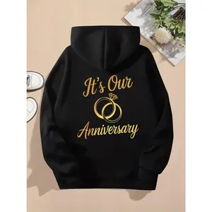 Women's Matching Couple Anniversary Hooded Cotton-Blend Tops, Long-Sleeve Fitted Pullovers with Romantic Graphics, Ideal for Husband-Wife Casual Wear & Gifting