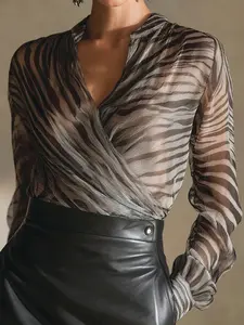 Vintage Zebra Print Transparent Wrap Shirt Long Sleeve V Neck Fashion Street Style Top, Women's Casual Blouse for Daily Wear