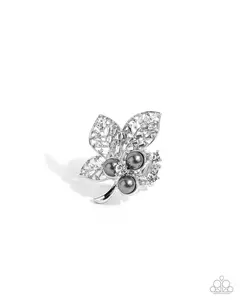 Luminescent Leaves - Silver Pearl Whte Rhinestone Leaf Ring - Paparazzi