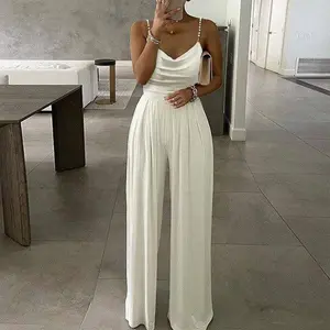 Pearl Strap Wide Leg V-Neck Jumpsuit - Backless Design, Machine Washable, Casual Style, Available in Sizes S, M, L, XL, Rompers & Womenswear Overalls Comfort Elegance Sleeveless