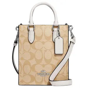 COACH Mini Tote Bag with Gold Logo and Classic Jacquard Hardware in Brown Canvas and Leather for Women