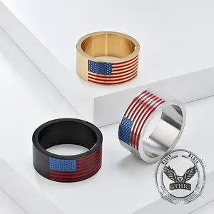 GTHIC Punk American Flag Stainless Steel Band Ring for Men Women Statement Jewelry Daily Wear