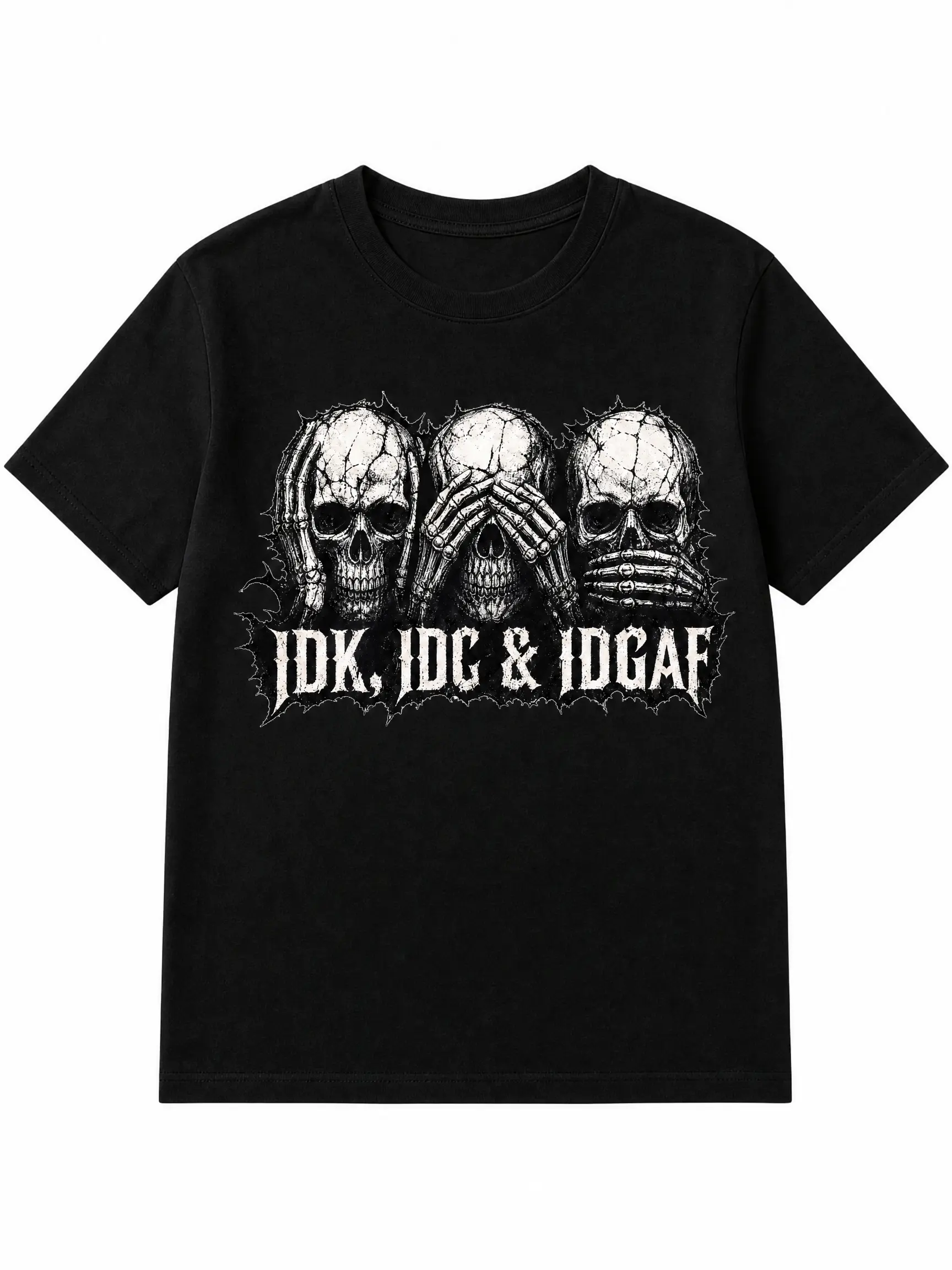 Men's Oversized 200 gsm Cotton Crew neckShort-Sleeve T-Shirt - Gothic 3-Skull Print, Skulls Motif, Bold Graphics, IDK IDC IDGAF Streetwear Style, Black & White, Cold Machine Wash, Three Skull Print Casual Alternative casual ClassicMenswear Tee Tops