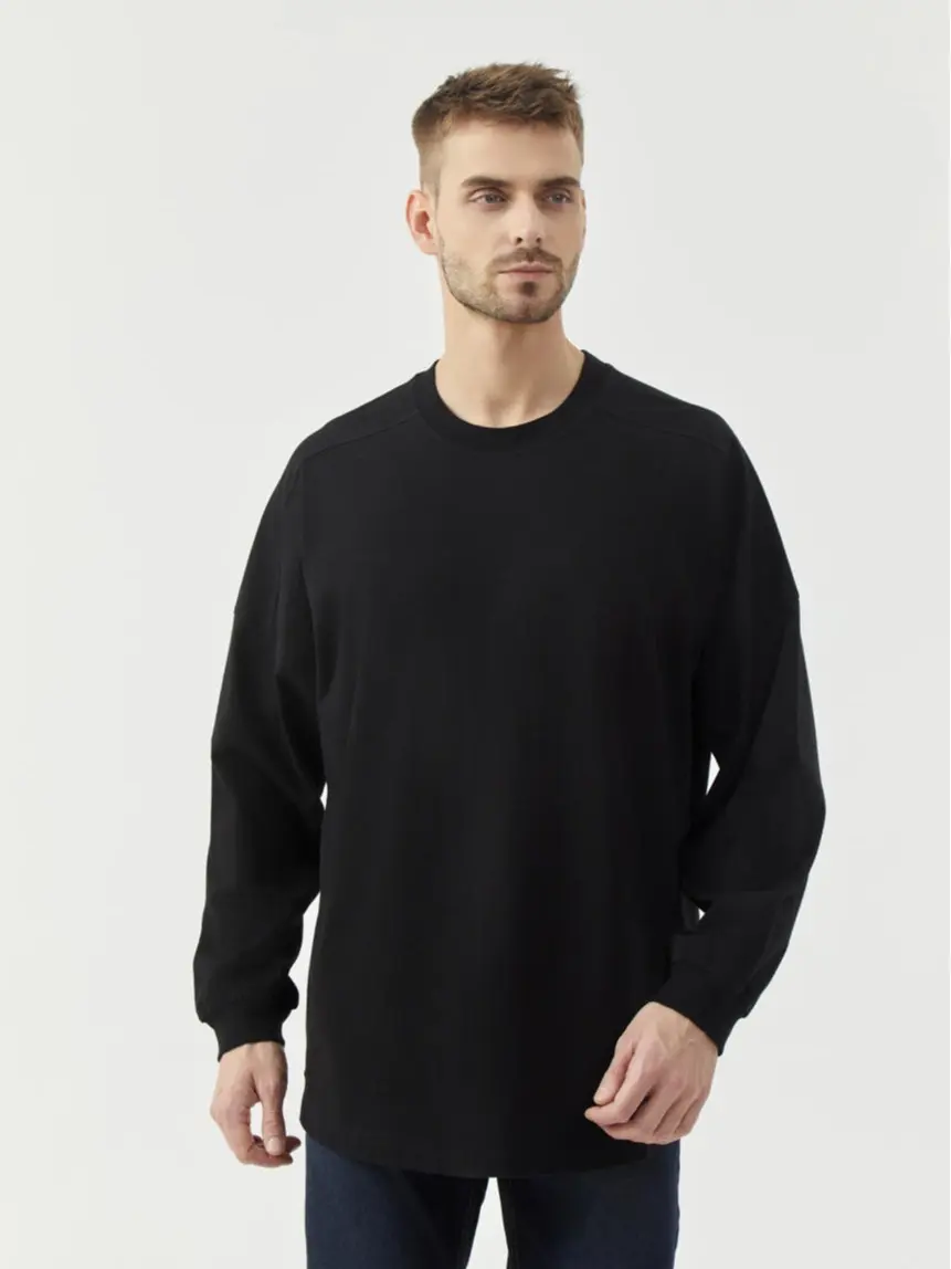 ECOTONE BLANKS  6.5 oz cotton long sleeve T-shirt All Black 3-Pack 100% Combed Cotton Hem Side Slit Loose Crew Neck T-shirt Soft Fabric Casual Streetwear Y2K Tops for Fall Fashion Unisex Design, Longsleeves, Tshirt