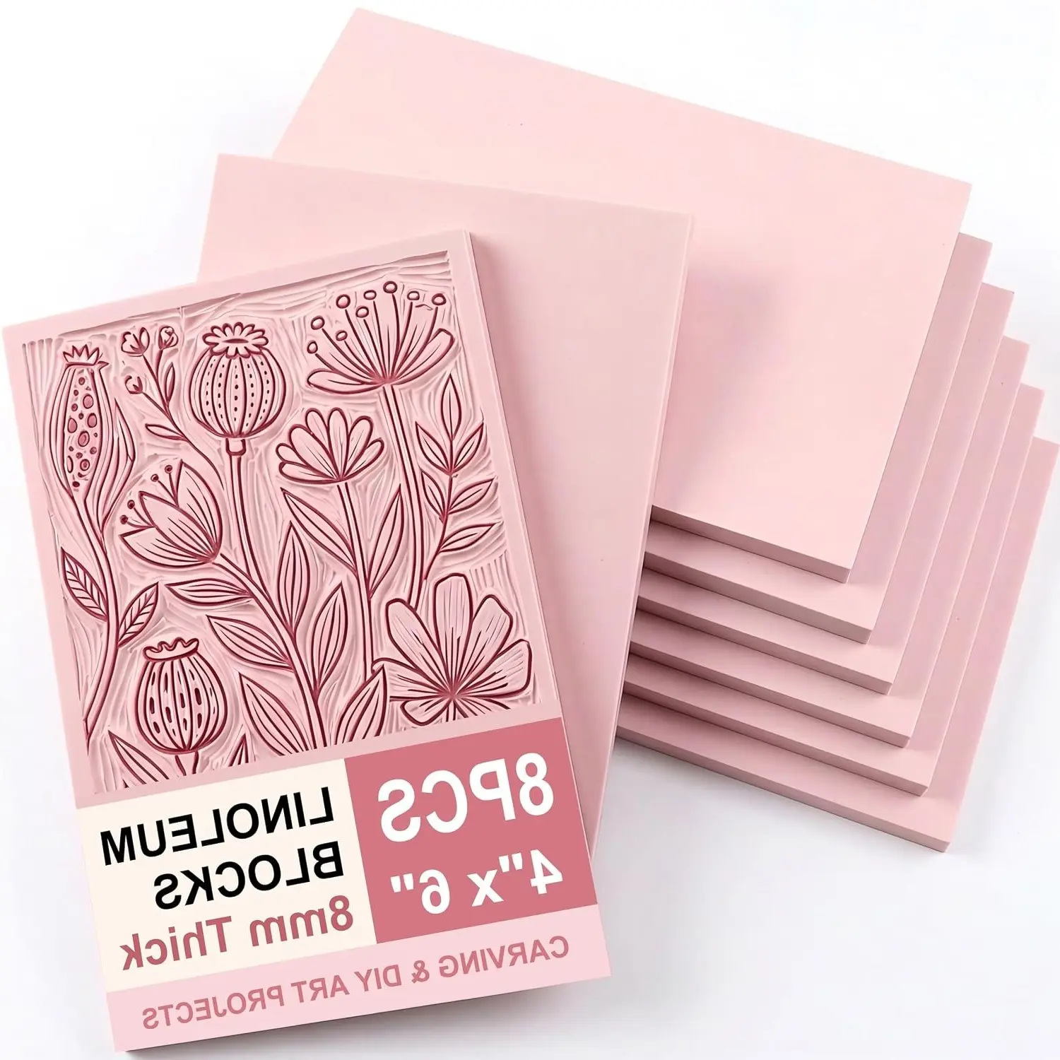8pcs 4"x6" Pink Rubber Carving Blocks, 8mm Thick