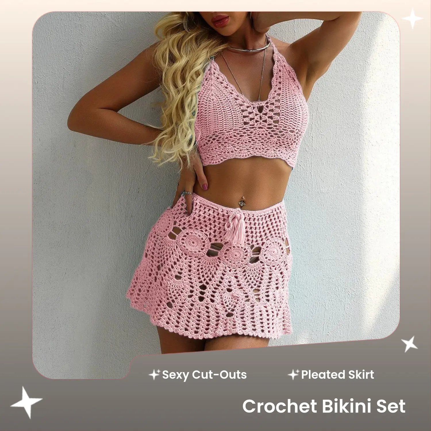 Women's 2026 Western-Style Crochet 2-Piece Set Swimsuit - Sexy Cut-Out Bikini Top, Versatile Pleated Skirt (Sports & Outdoor Surfwear), Two Piece Set