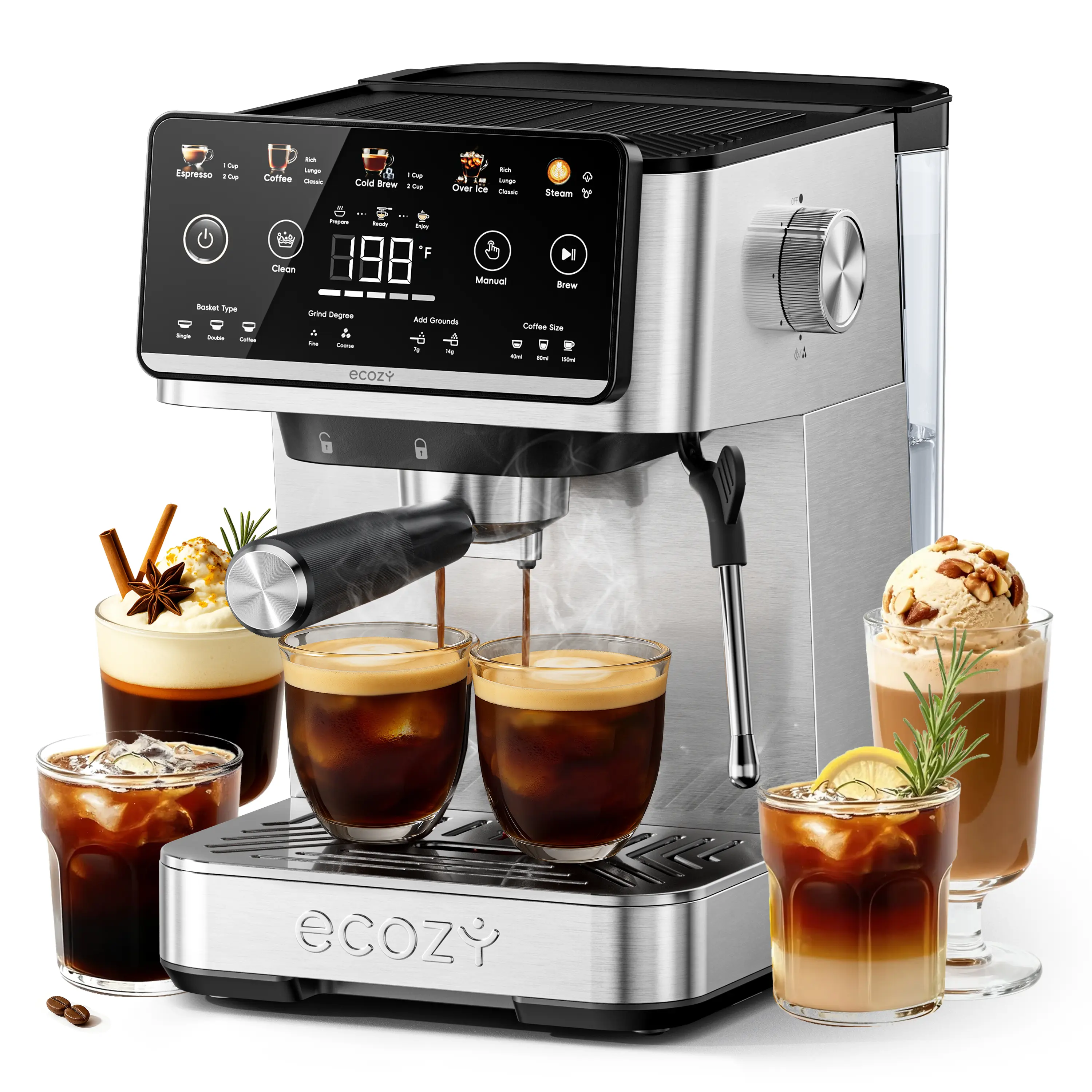 Ecozy 4-in-1 Semi-Automatic Espresso Coffee Machine - Pump Pressure 20 Bar, LED Touch Screen, 50oz Removable Water Tank, Milk Frother Steam Wand, Drip Coffee, Cold Brew and Over Ice Coffee Machine, 1350W Home Use for Home Users (Thicker Oil Layer)