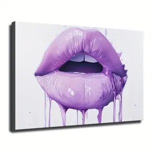 Wood Frame Canvas Painting Light Purple Colored Lips with Paint Dripping From Them with White Background. Biting Bottom Lip Poster Picture Room Decor Art Stretched and Frame Ready To Hang - Framed Artistic Decorative Ornaments Photo Decoration Wall Print
