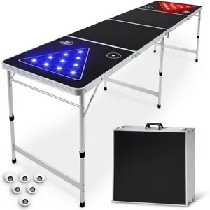 GoPong 8 ft Foldable Beer Pong Table with LED Lights - Regulation Size Portable Pong Table with 6 Balls