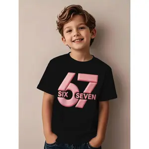 Trendy "Pink 3D 67" Print Kids' T-Shirt, Unique Design for Boys and Girls. Casual Round Neck Short Sleeve, Perfect for Early Autumn Wear, Suitable for Daily, School Outfits, Outdoor Play