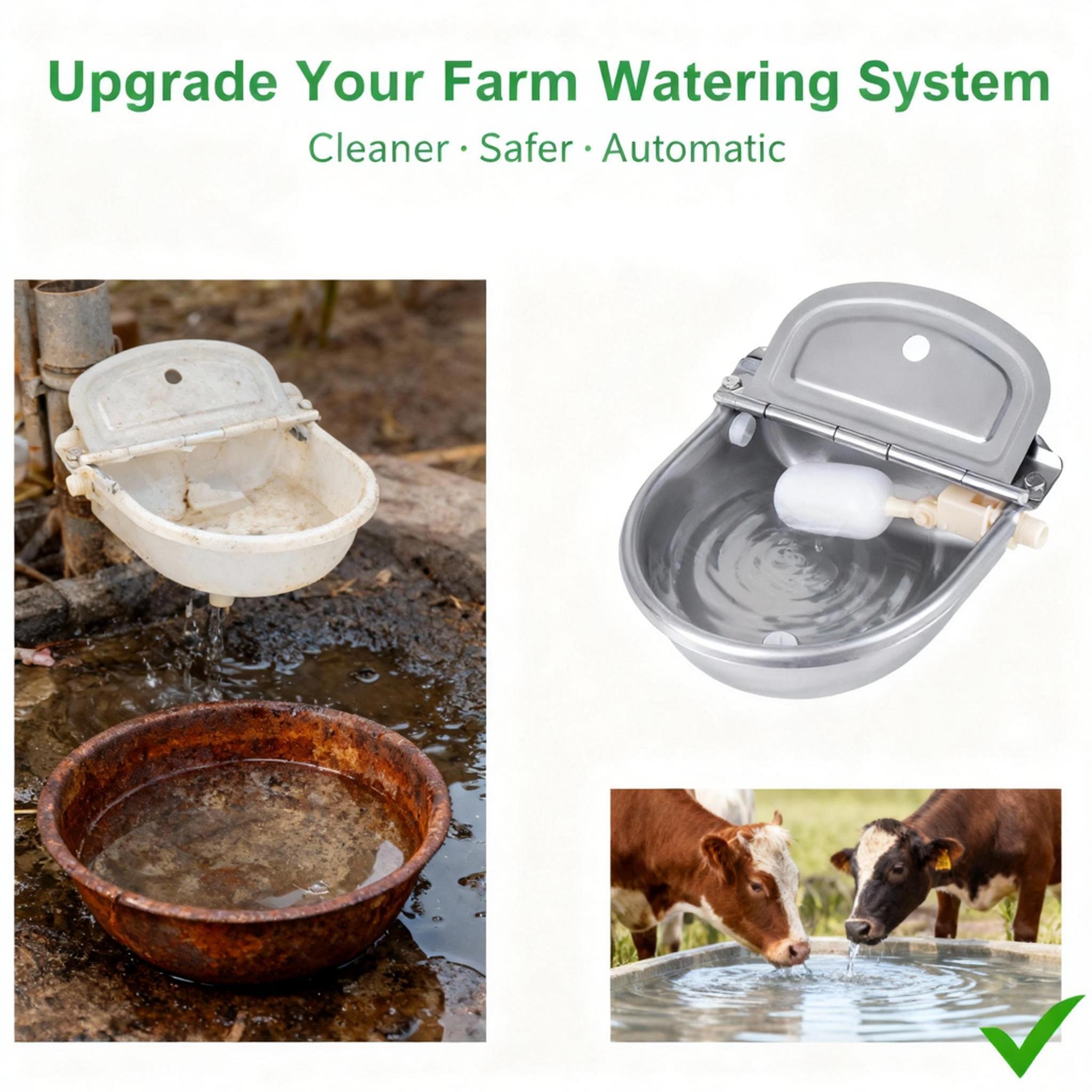 Stainless Steel Automatic Animal Water Bowl Dog Cat Poultry Water Dispenser with Drain Hole Float Valve Auto Water Level Control Hose Not Included