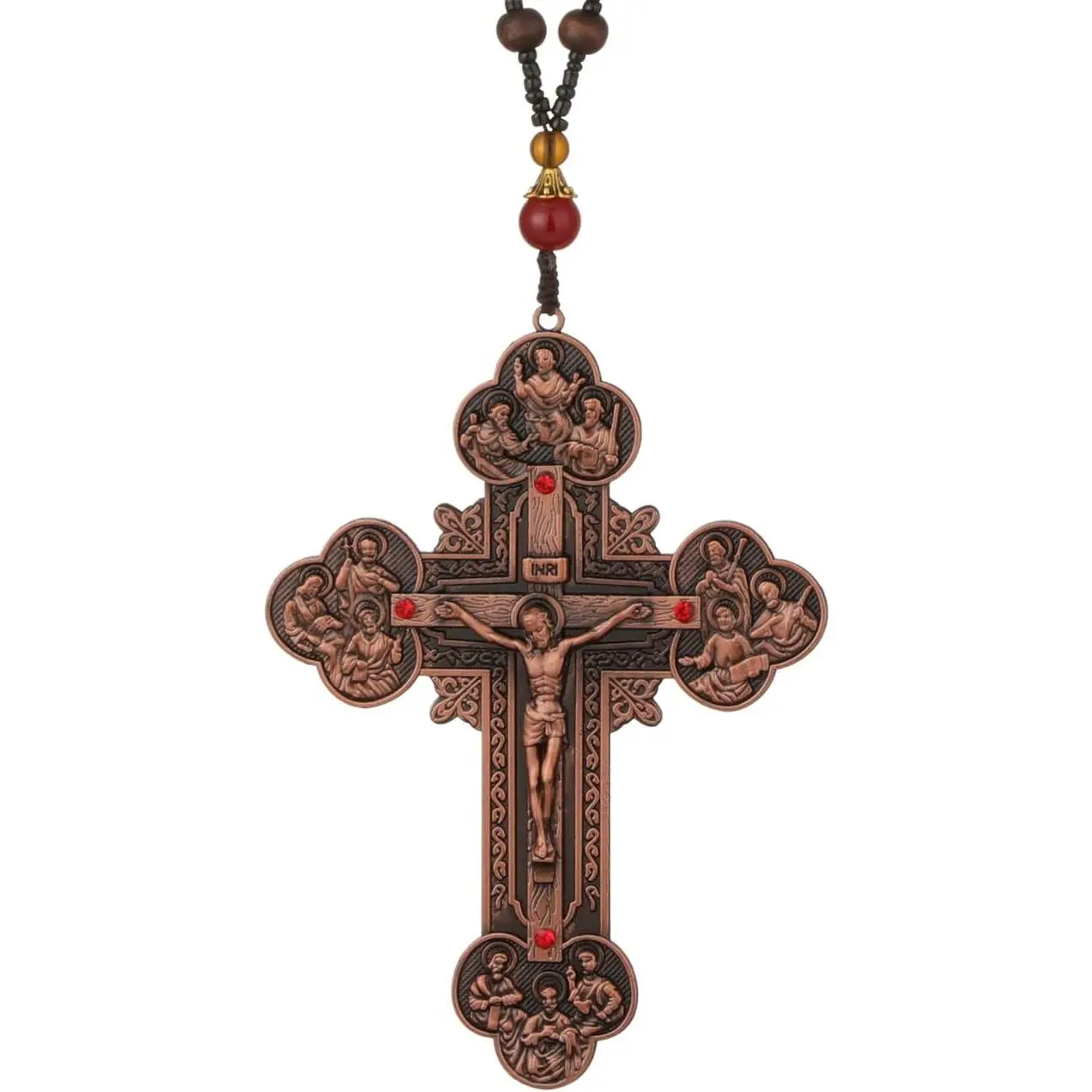 Large Crucifix Twelve Apostle Christ  Disciples Cross Pendant Necklace Mens Handmade Wooden Beads Chain