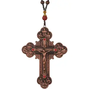 Large Crucifix Twelve Apostle Christ  Disciples Cross Pendant Necklace Mens Handmade Wooden Beads Chain