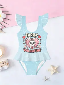 Girls' Heart Rabbit Swimsuit, Light Blue Ruffle One-Piece Swimwear, Beach Spa Wear, Cute Slim-Fitting Bathing Suit