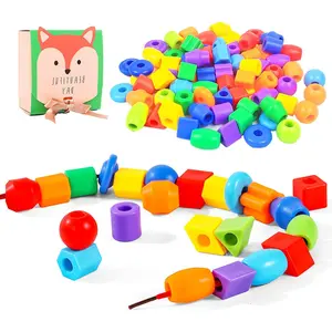 L-ITC122 Plastic Lacing Beads for Kids With Fun Shapes, Long String, and Brilliant Colors - Educational Occupational Therapy Fine Motor Toys, Montessori for 3 Year Old and Above (70 Pcs)