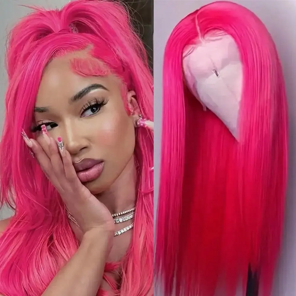 Hot Pink Hair Synthetic Lace Front Wigs 26 Inch Pre Plucked Long Straight Hair Wigs 13X4 HD Lace Wigs Glueless Pink Blue Grey Colored Wigs Heat Resistant Long Silky Straight Lace Front Wigs For Women For Daily Party Cosplay Use