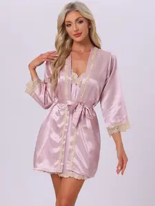 INSPIRE CHIC Women's Satin Pajamas Lounge Nightgown with Robe 2pcs Sleepwear Lingerie Set