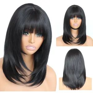 U&A Hair Glueless Synthetic Layered Cut 5x4 Lace Front Yaki Straight Bob Wig with Bangs Wear and Go Short Bob Wigs True Scalp Tiny Knots，More Fluffy