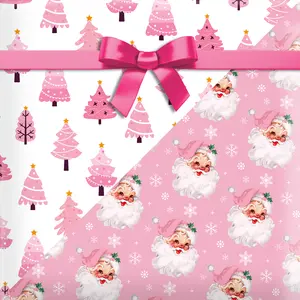 Gift Wrap 12 sheets, Christmas Wrapping Paper (27" x 20"), Pink Santa Claus Snowman for Christmas, Holiday Parties, Baby Shower