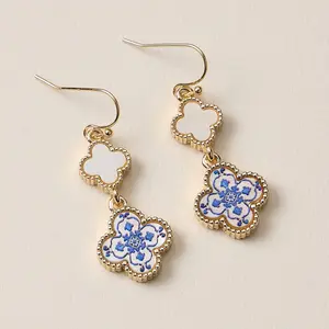 Blue Enamel Clover Drop Earrings