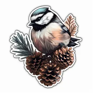 Maine Black-capped Chickadee bird White Pine Cone and Tassel flower  Vinyl Decal Sticker for Car, Laptop, Tumbler and More. # 008659 Vinyl Decal Sticker for Car Window, Laptop, Tumbler and more. #PR-Maine