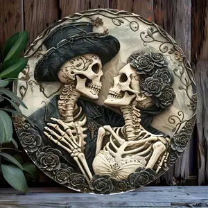1pc 2D Gothic Skull Couple Wooden Sign, Perfect for Halloween & Day of the Dead Decor, Unique Wedding and Holiday Gift Idea