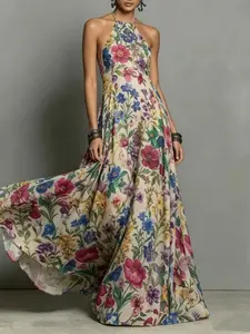 2026 Summer New Arrival Plant Floral Print Halter Dress, Shoulder-Exposed Slimming A-Line Flowy Long Dress, Trendy Cross-Border Fashion