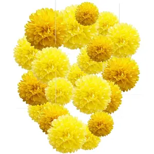 Capesaro Yellow Paper Pom Poms - 10",12" Tissue Pom Poms Decorations for Party Hanging Decor - 12 Piece Set