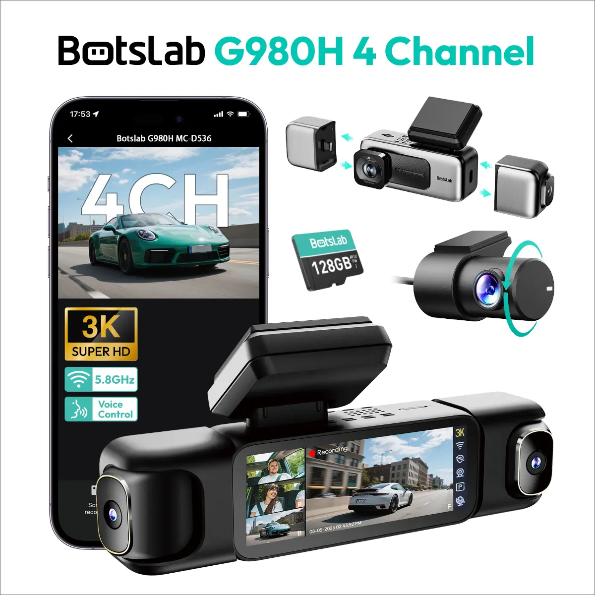 [summerfinds]Botslab 3K 4 Channel Dash Cam with 3.18” Touch Screen, 24/7 Parking Mode, Built-in GPS, 5.8G WiFi, Night Vision, Voice Control, 128GB Card, Rear Camera Monitor Touchscreen Dash Cam Car Dvr