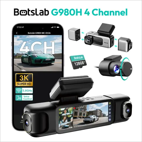 Botslab 3K 4-Channel Dash Cam with 3.18” Touch Screen, 5.8G WiFi, Built-in GPS, 560° No Blind Spots, Night Vision, Voice Control, 24/7 Parking Mode, Loop Recording, OBD Plug & Play, DIY Install No Pro, 128GB Card, Rear Camera, Car DVR Accessory
