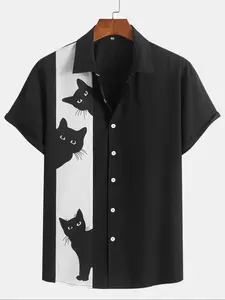 Men's Cat Print Button Front Shirt, Regular Fit Casual Short Sleeve Collared Top for Summer, Fashion Men's Top for Daily Wear, Animal Print Shirt