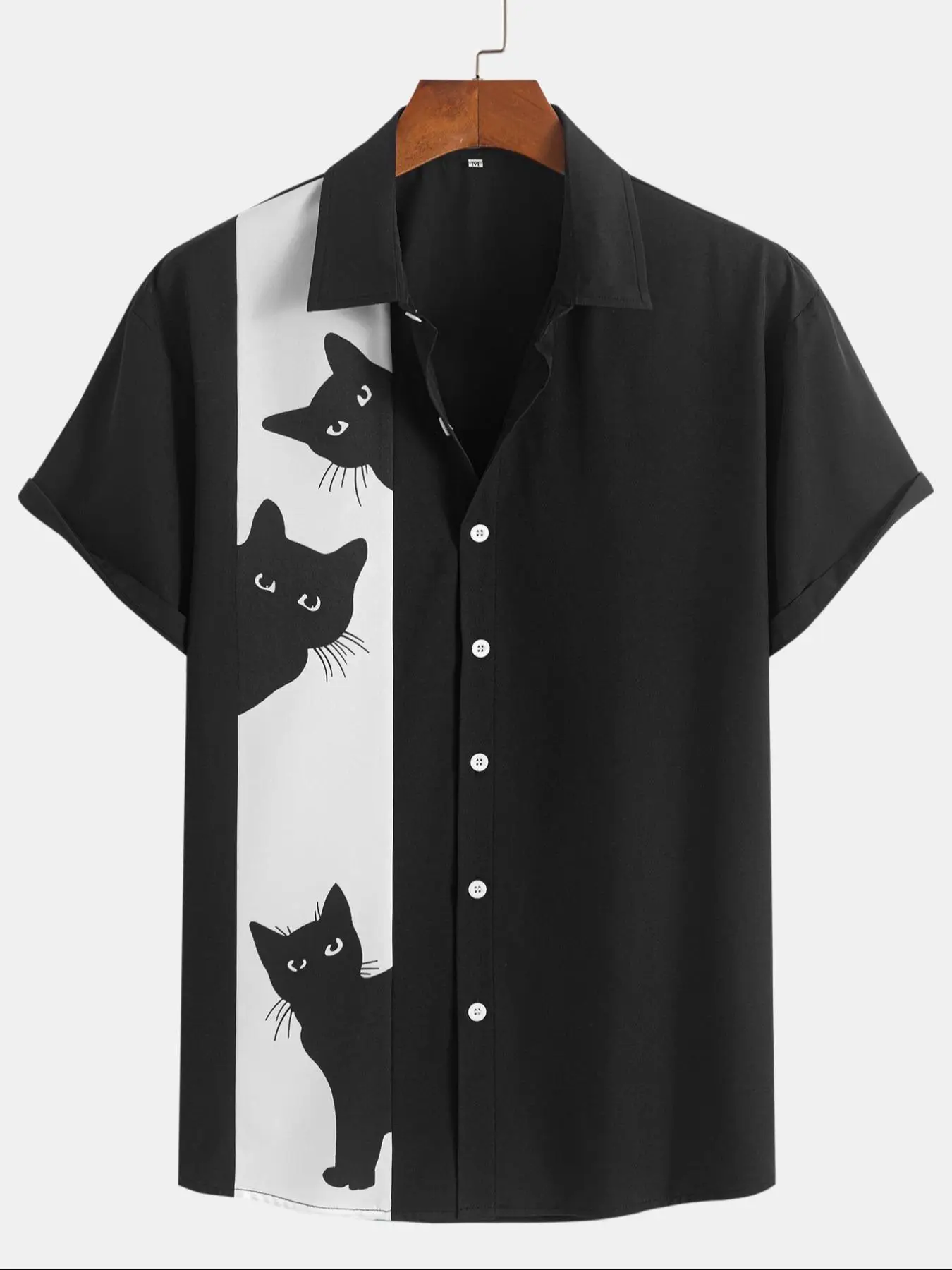 Men's Cat Print Button Front Shirt, Regular Fit Casual Short Sleeve Collared Top for Summer, Fashion Men's Top for Daily Wear