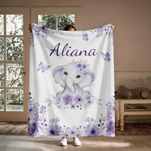 Personalized Elephant Flannel Throw Blanket - Lavender Florals, Butterfly Print, Custom Name, Soft Cozy Warm Custom/All Season/Child-Sized Blankets, for Couch Nursery, Gift for Her, Birthday Baby Shower Keepsake Decor (Message Remarks), Custom Blankets