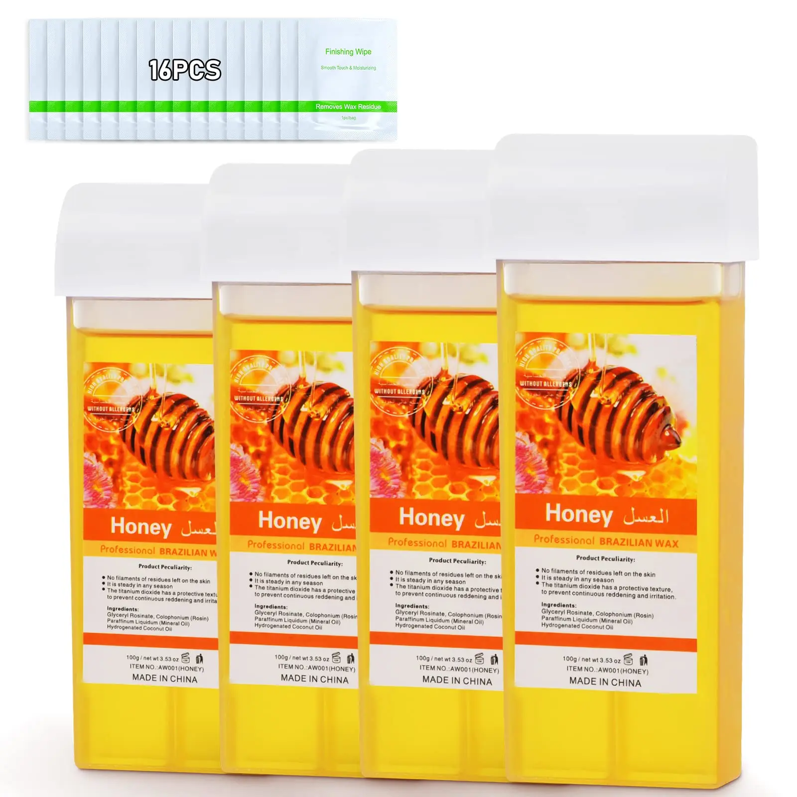 Roll On Wax, Honey Hair Removal Wax Cartridge, Depilatory Wax Roller Refill 4 Pack, Gentle Natural Material, Dermatologically Tested, Easy & Safe to Use, For Body Waxing, Leg and Arms