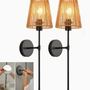 2-Pack Battery-Powered RGB Wall Lights Set, Rechargeable Bulbs, Woven Shade Wireless Wall Lamps, Ideal for Home Decor