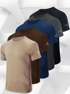 Men's 5pcs Solid Color Sports Tees - Soft Knit, Quick-Dry & Moisture-Wicking! Classic Crew Neck Short Sleeve, Breathable Fabric Locks Out Sweat. Suitable for Gym, Runs, Hikes, Casual Wear & Lounging.  Easy to Mix-Match, Essential for Active Guys.