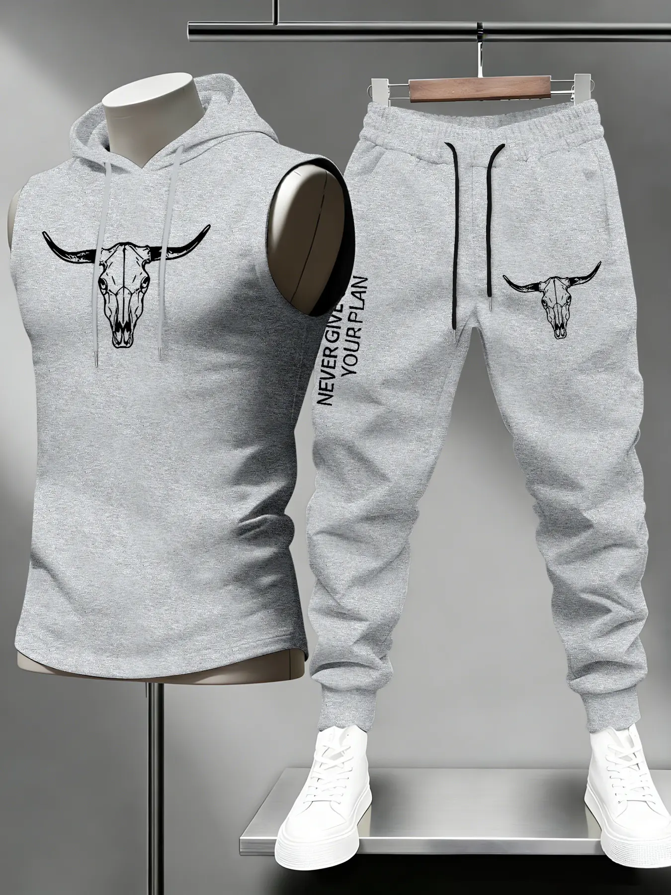 Men's Trendy American Western Longhorn Print Sleeveless Hoodie Set, Loose Fit Jogger Pants Two-Piece, Breathable Sweat-Wicking Fabric, Menswear Outfit Sets
