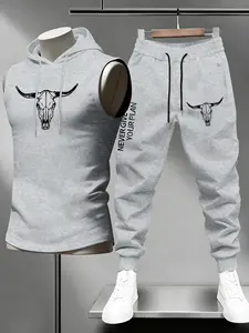 Men's Trendy American Western Longhorn Print Sleeveless Hoodie Set, Loose Fit Jogger Pants Two-Piece, Breathable Sweat-Wicking Fabric