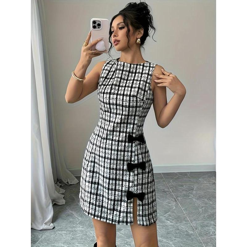 Women's Elegant Plaid Bowknot Dress, Sleeveless Round Neck Short Skirt, Casual Fall & Winter Fashion, Slim-Fitting Style