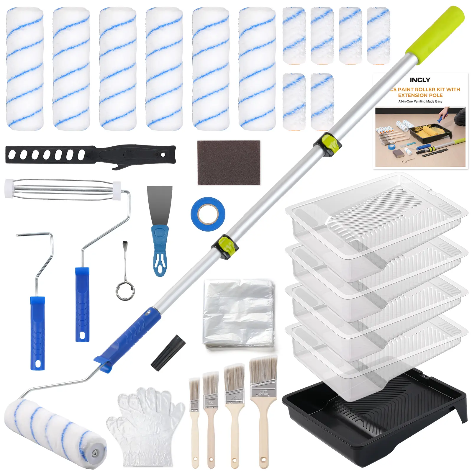 INCLY 34PCS Paint Roller Kit with Extension Pole, 2 to 4 Ft Pole 4" 9" Paint Rollers, 11'' Tray, Paint Brushes Set, Drop Cloth, Painting Supplies for Home Interior, House Painting, Walls