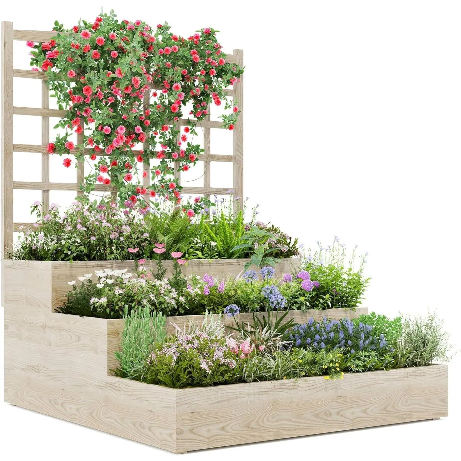 Garvee 3-Tier Wooden Raised Garden Bed with Trellis – Vertical Planter Box for Vegetables, Herbs, Flowers – Open Base Drainage, Natural Fir Wood – Patio, Balcony, Lawn Gardening