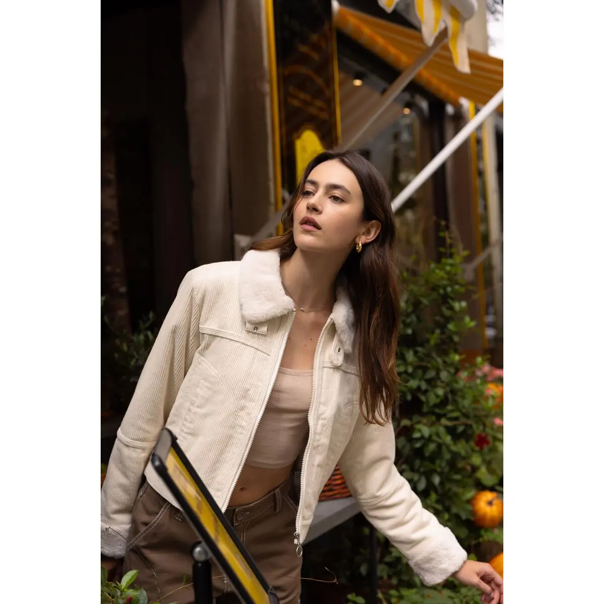 Faux Shearling Collar & Lined Corduroy Biker Jacket - Ivory