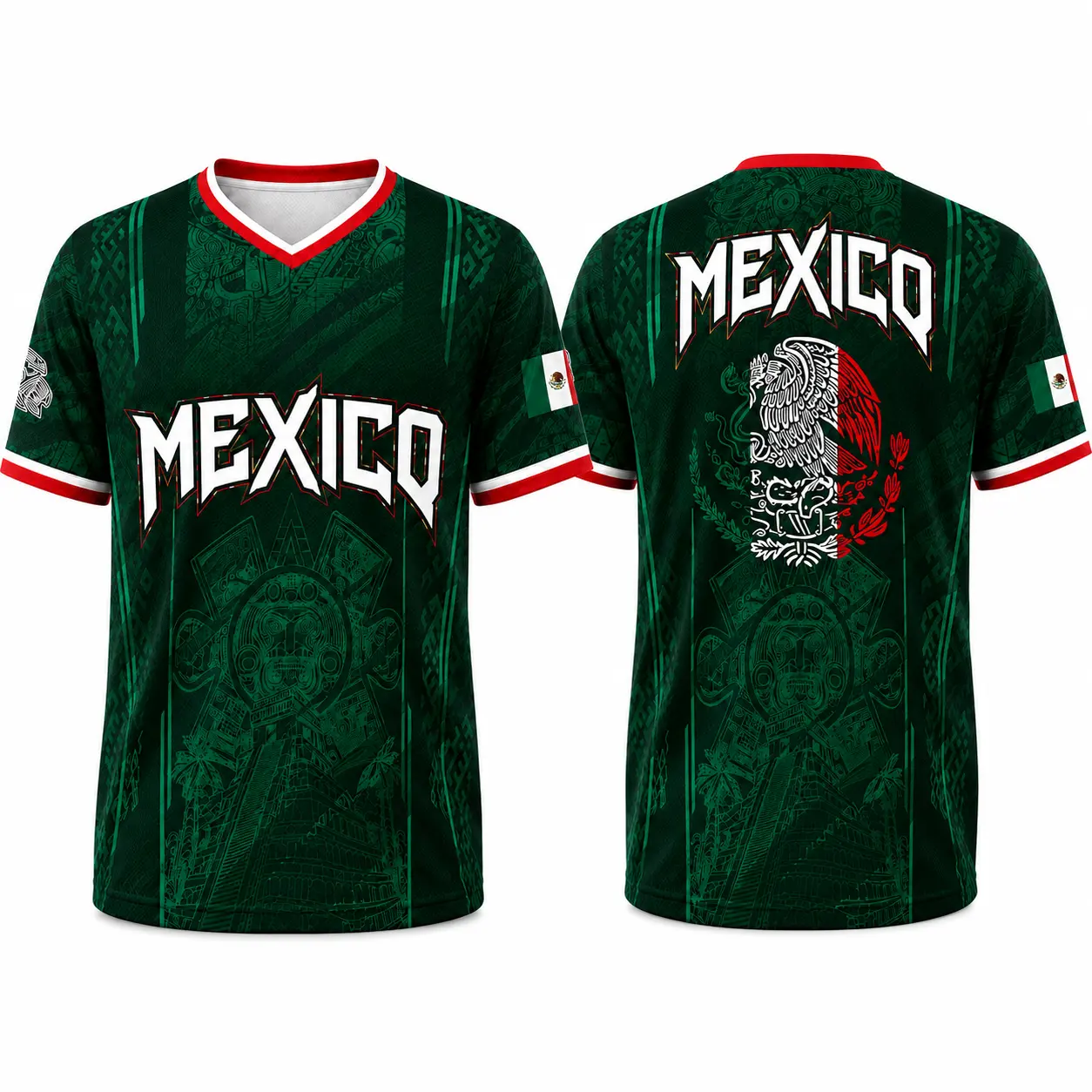 Men's Retro V-Neck Soccer Jersey, Mexico-Inspired Aztec Eagle Graphic Tee, Breathable Birdseye Fabric Athletic Top for Fans, Breathable Athletic Top, Sports Tees