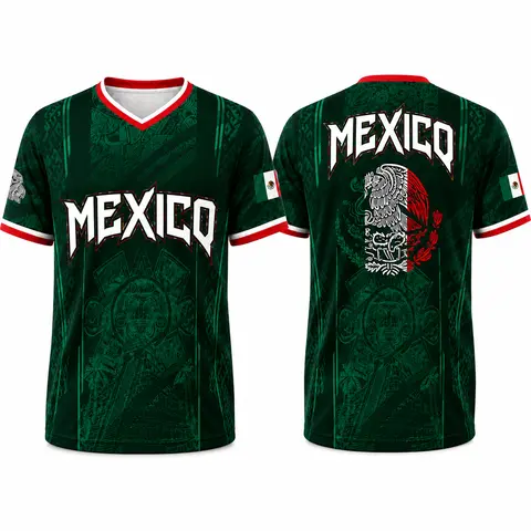 Male Retro V-Neck Mexico-Inspired Aztec Eagle Full Print Casual Breathable Jersey - Birdseye Fabric Short Sleeve Jerseys for Soccer, Custom Color Match Athletic Top for Fans, Back to School Menswear